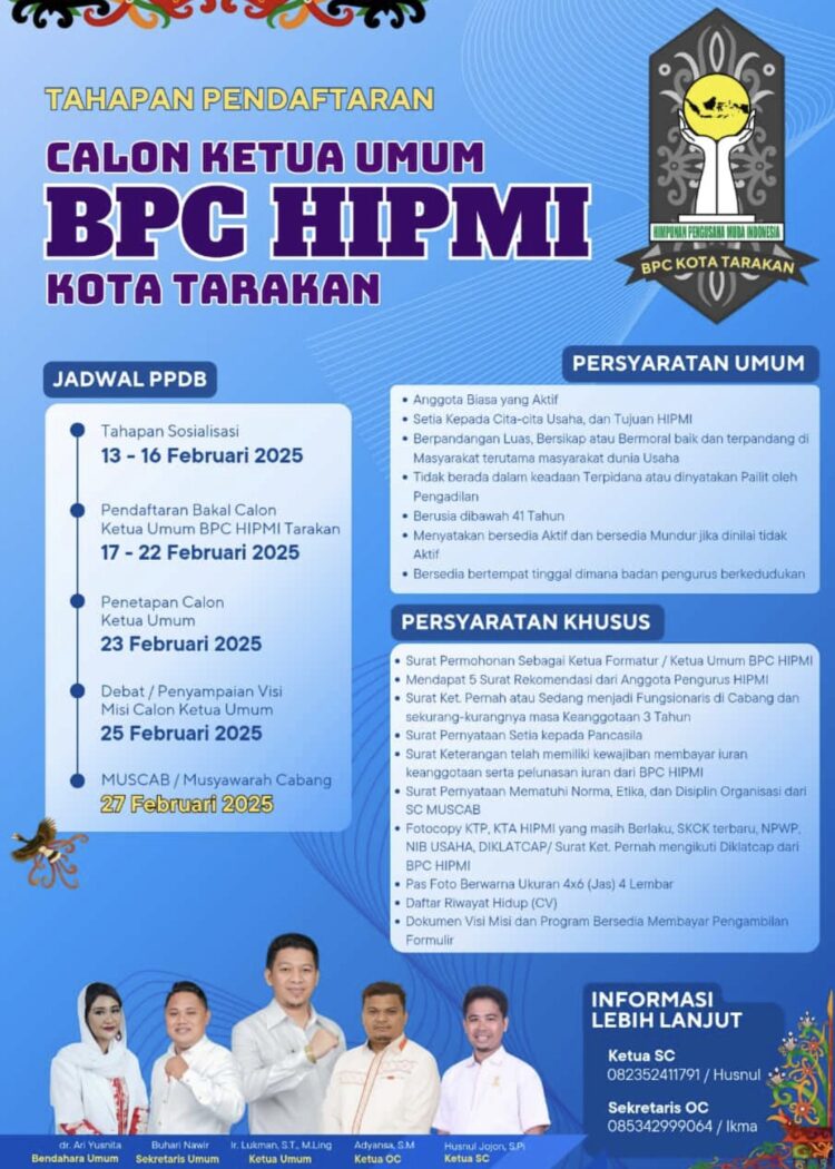 Pendaftaran Calon Ketua Umum BPC HIPMI Tarakan Dibuka,  Berikut Syarat Umum dan Khususnya